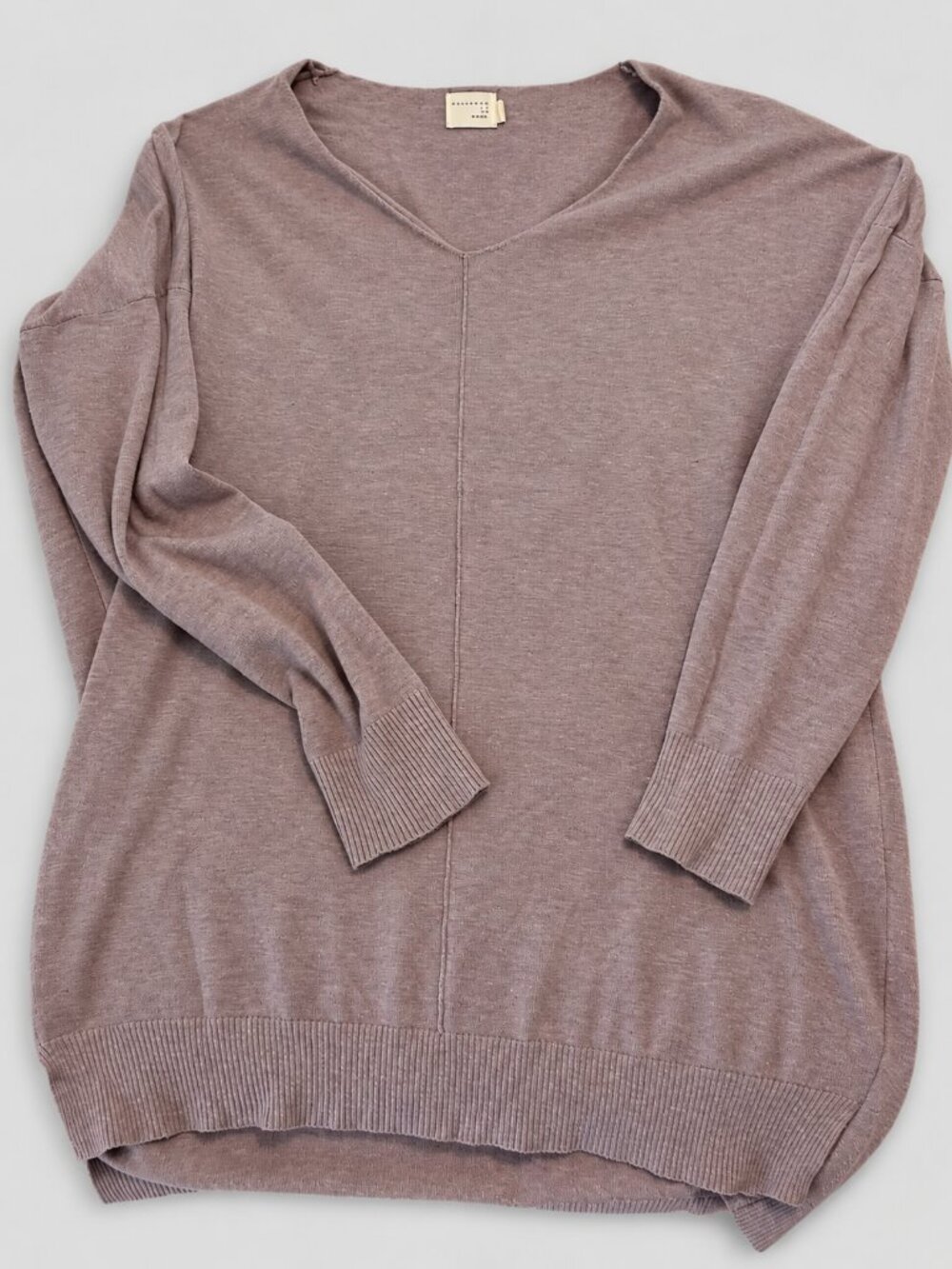 Taupe Mauve Longline V Neck Knit with Center Seam